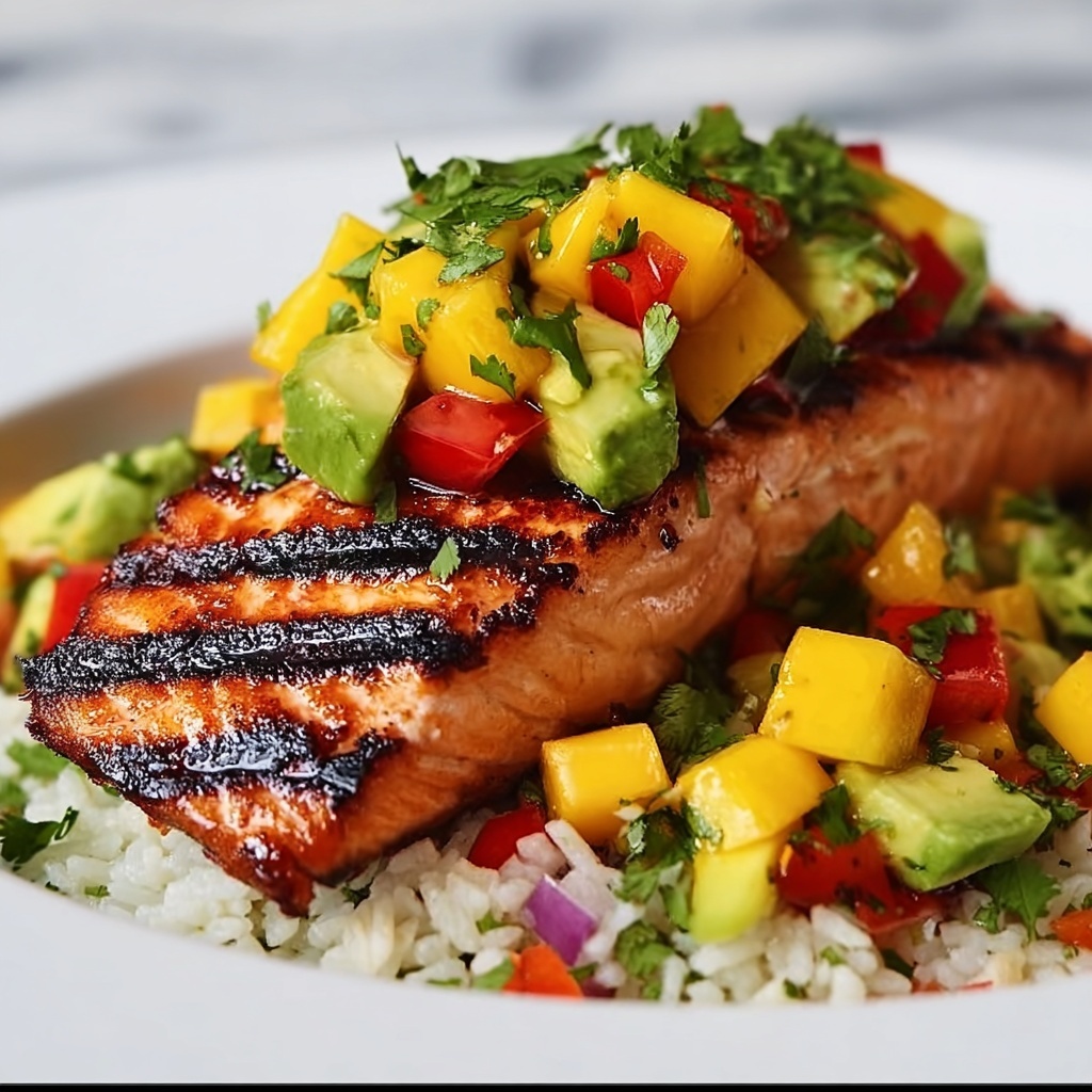 Grilled Lime Salmon with Avocado-Mango Salsa and Coconut Rice Recipe - Recipe Image