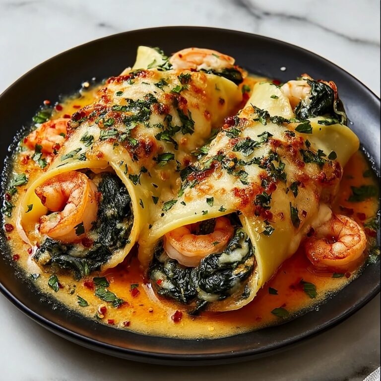 Shrimp & Spinach Stuffed Pasta Rolls with Roasted Red Pepper Cream Sauce Recipe