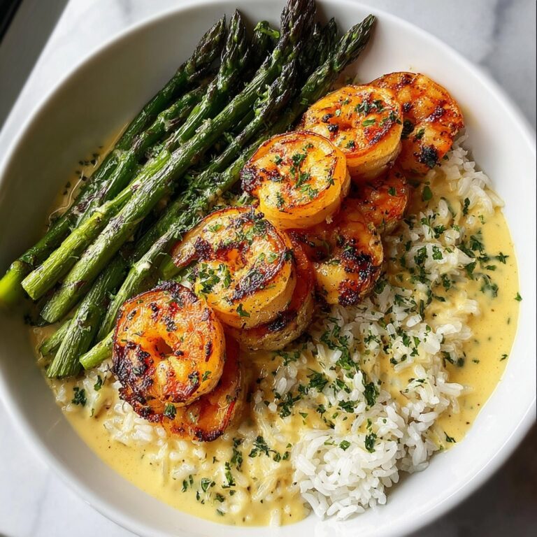 Grilled Shrimp Bowl with Asparagus and Creamy Garlic Sauce Recipe