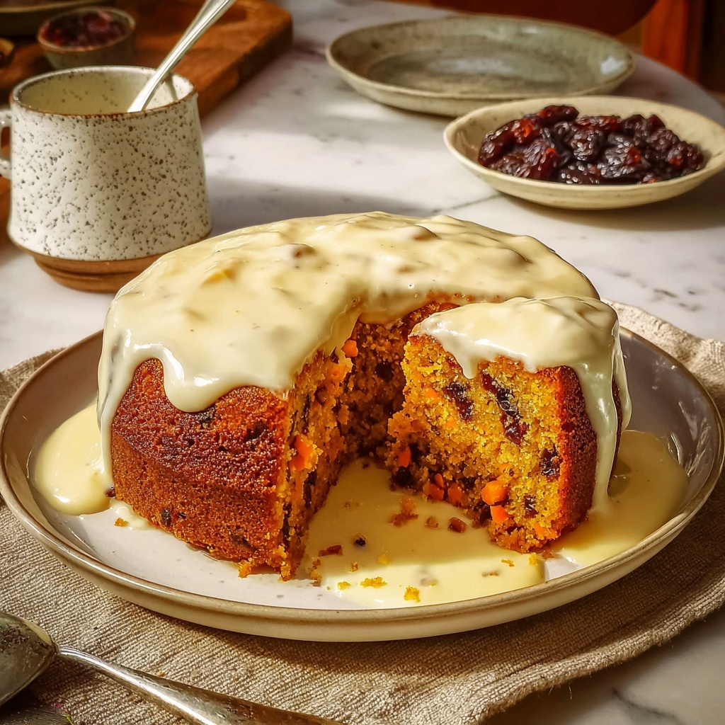 Carrot Date Raisin Pudding with Nutmeg Cream Recipe - Recipe Image
