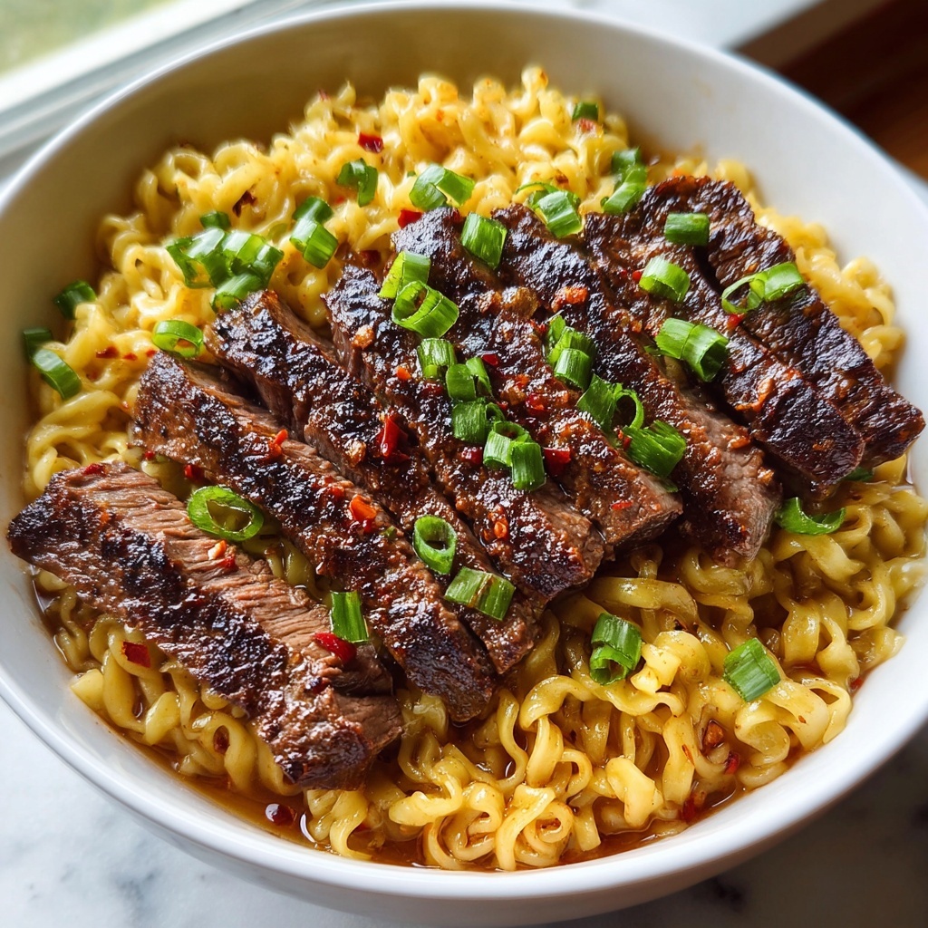Spicy Korean Ramen with Grilled Beef and Creamy Sauce Recipe - Recipe Image