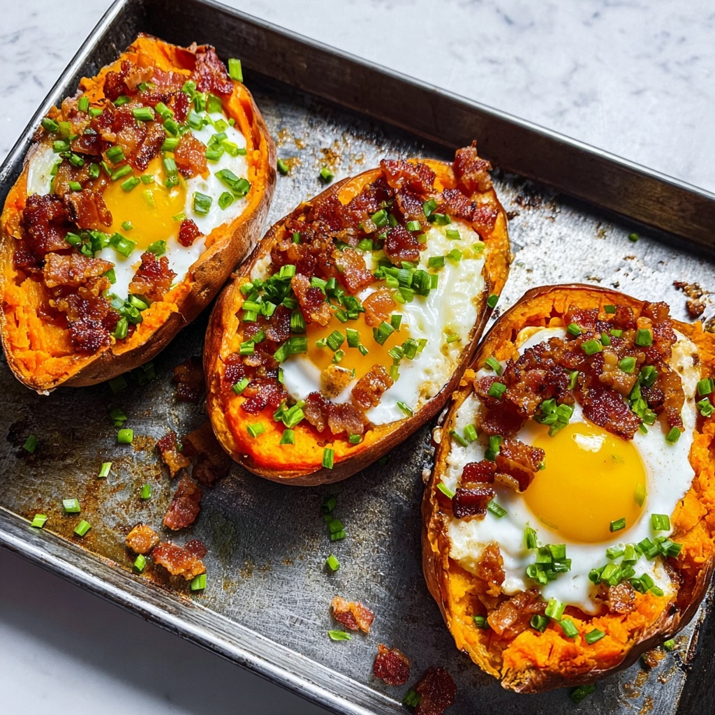 Breakfast Sweet Potatoes with Bacon, Cheddar, and Fried Eggs Recipe - Recipe Image