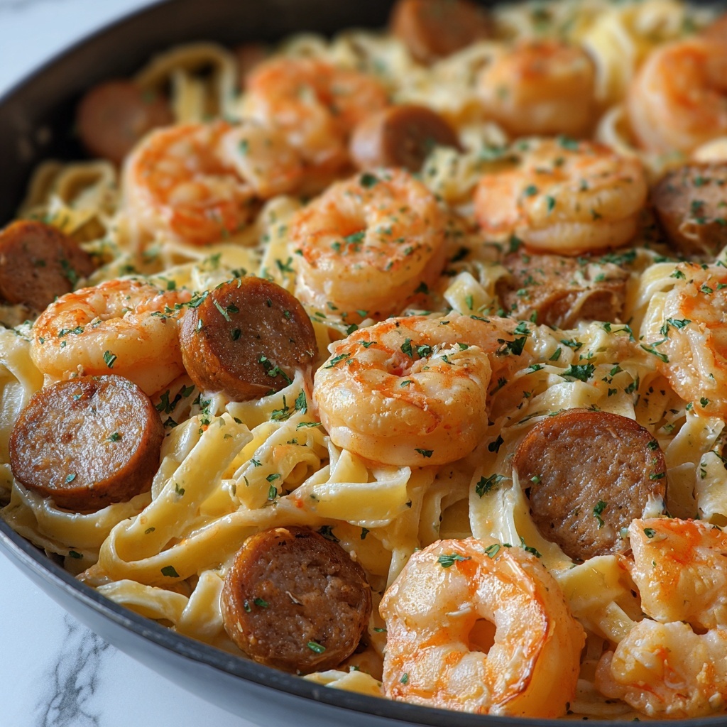 Garlic Butter Shrimp and Sausage Skillet Pasta Recipe - Recipe Image
