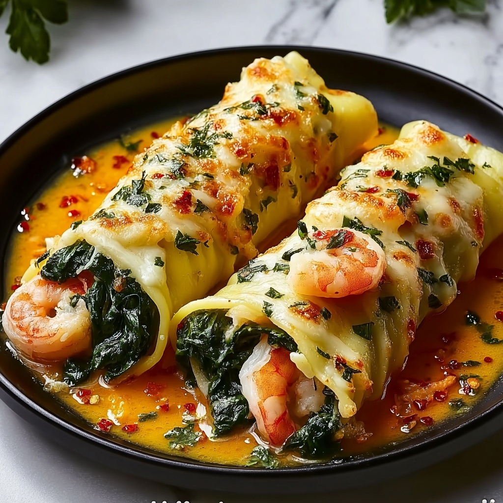 Shrimp & Spinach Stuffed Pasta Rolls with Roasted Red Pepper Cream Sauce Recipe - Recipe Image