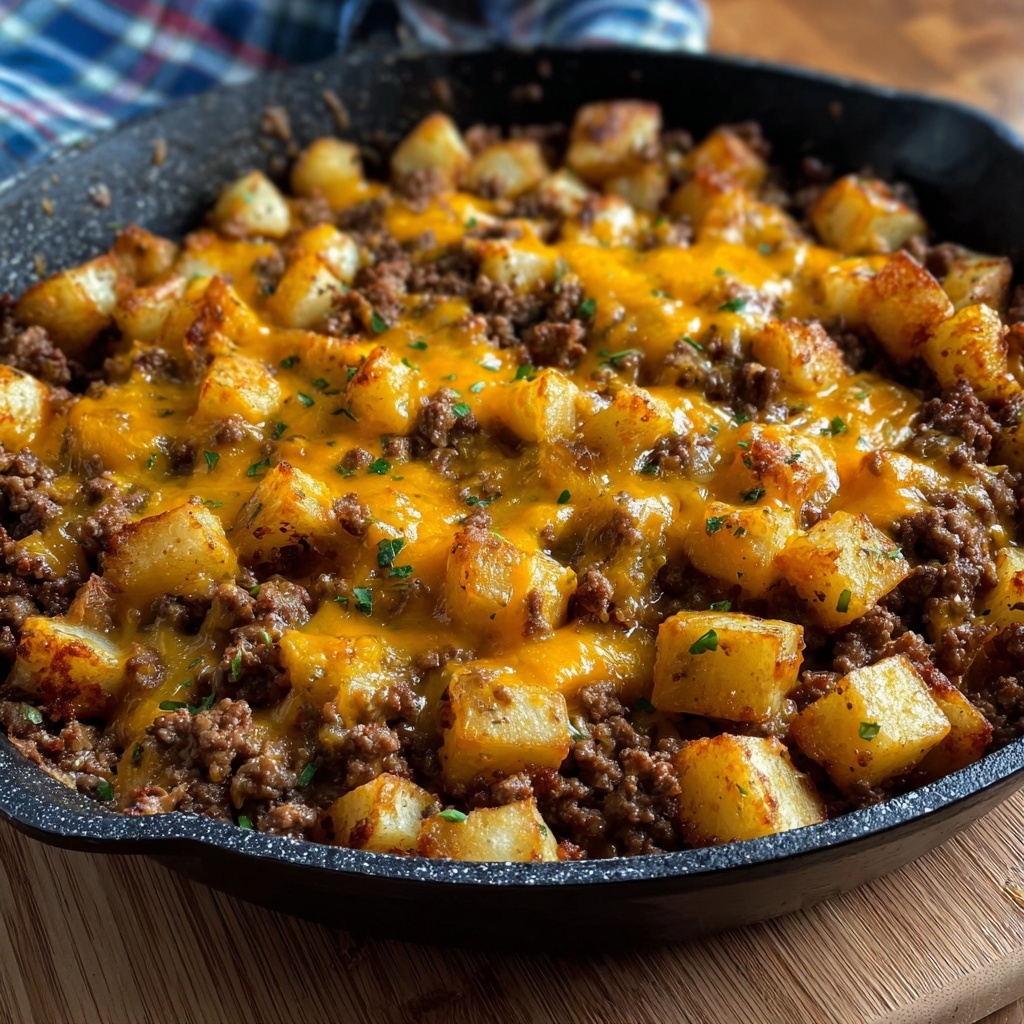 Cheesy One Pan Meat and Potato Skillet Recipe - Recipe Image