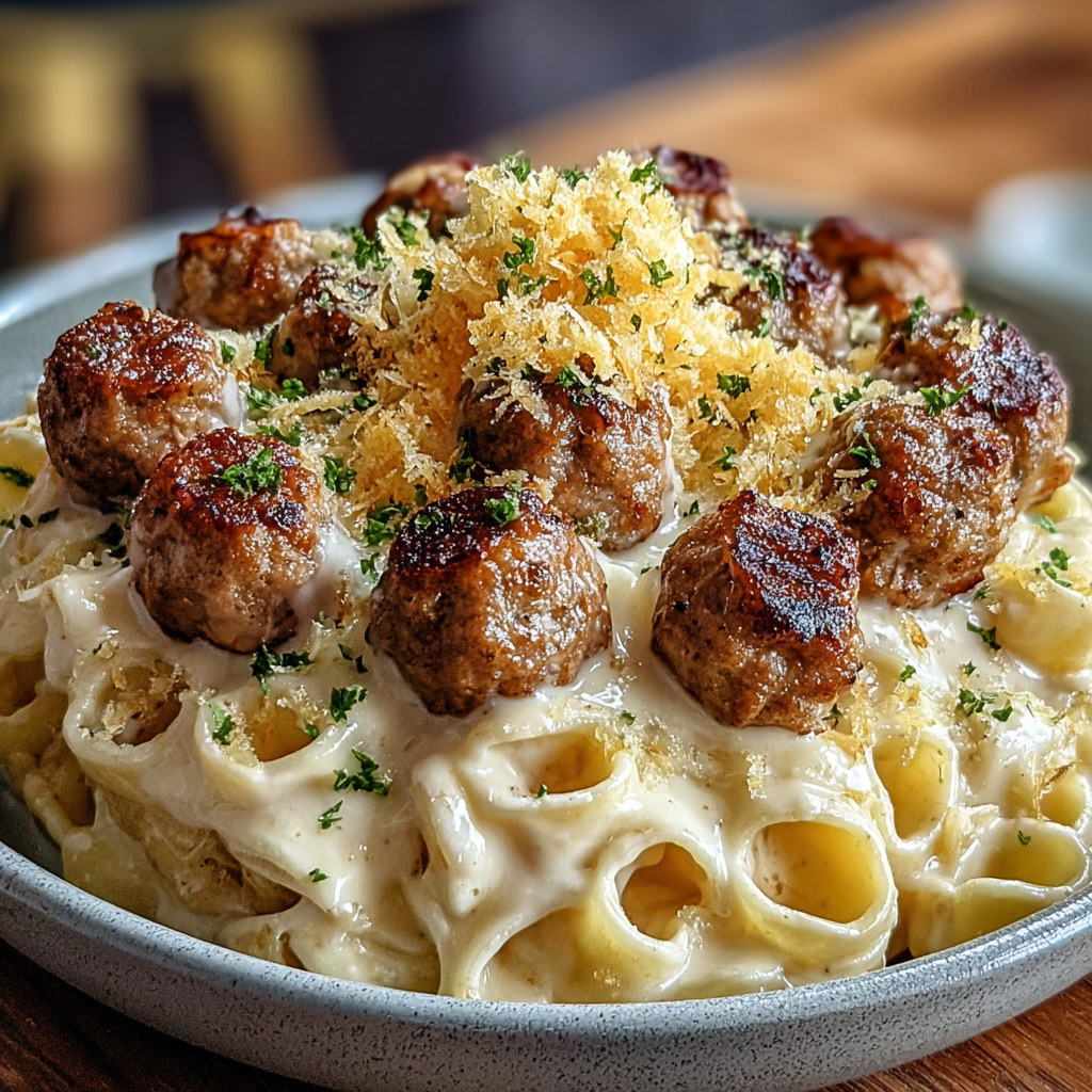 Garlic Butter Sausage Bites with Creamy Parmesan Pasta Recipe - Recipe Image