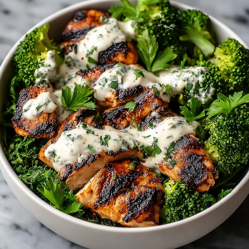 Grilled Chicken & Broccoli Bowls with Creamy Garlic Sauce Recipe - Recipe Image
