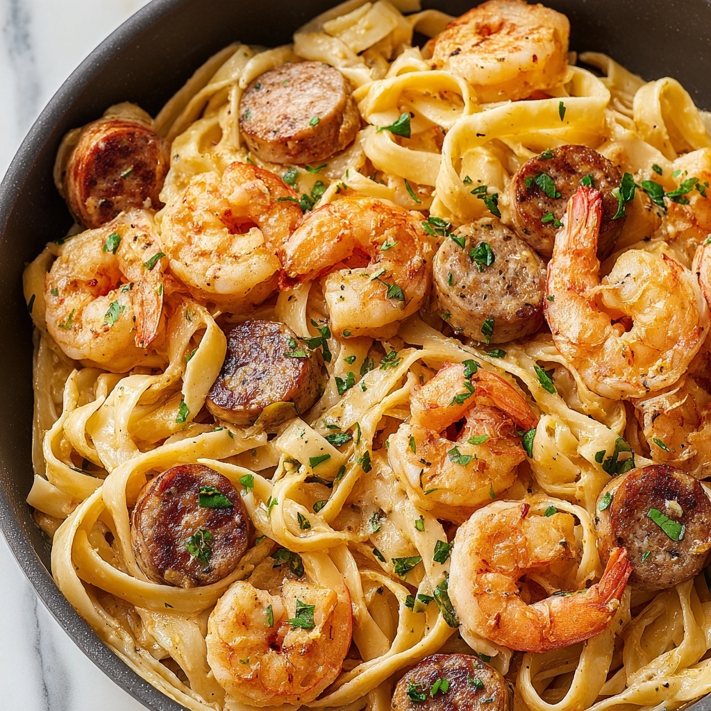 Garlic Butter Shrimp and Sausage Skillet Pasta Recipe - Recipe Image