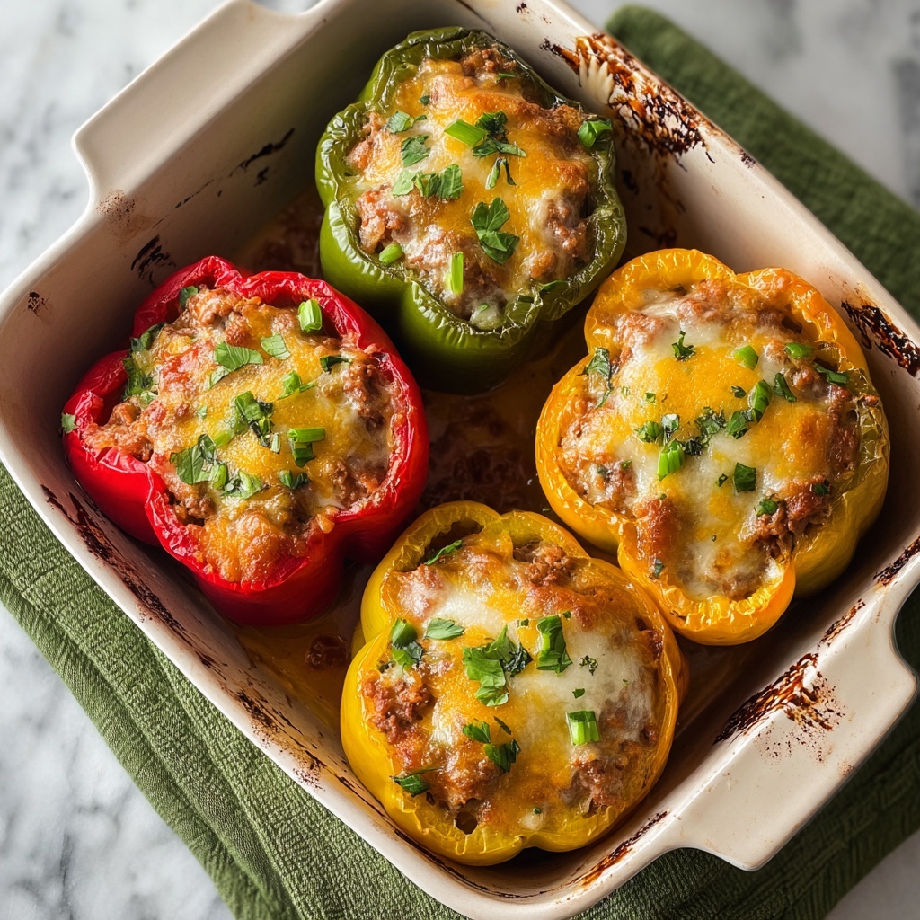 Cheesy Stuffed Bell Peppers with Ground Meat and Rice Recipe - Recipe Image