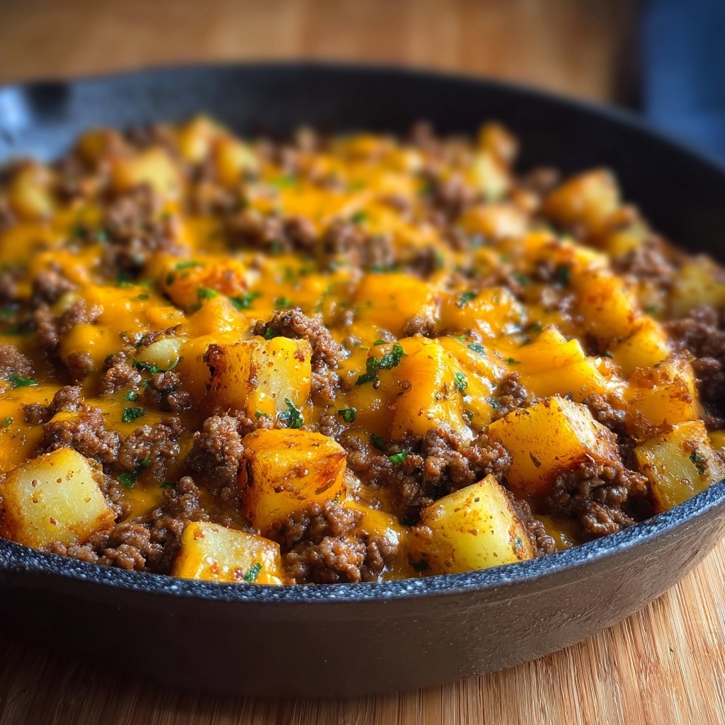 Cheesy One Pan Meat and Potato Skillet Recipe - Recipe Image