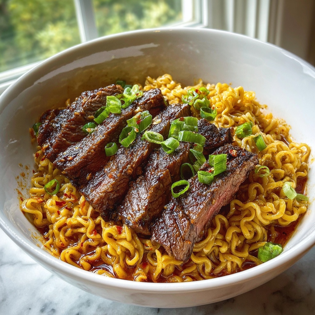 Spicy Korean Ramen with Grilled Beef and Creamy Sauce Recipe - Recipe Image
