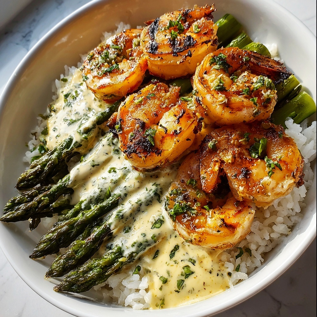 Grilled Shrimp Bowl with Asparagus and Creamy Garlic Sauce Recipe - Recipe Image