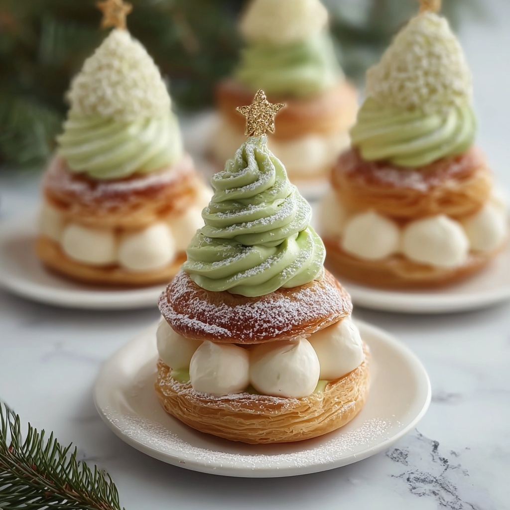 Delicious Christmas Tree Cream Puffs with Pistachio Whipped Cream and Shortbread Stars Recipe - Recipe Image