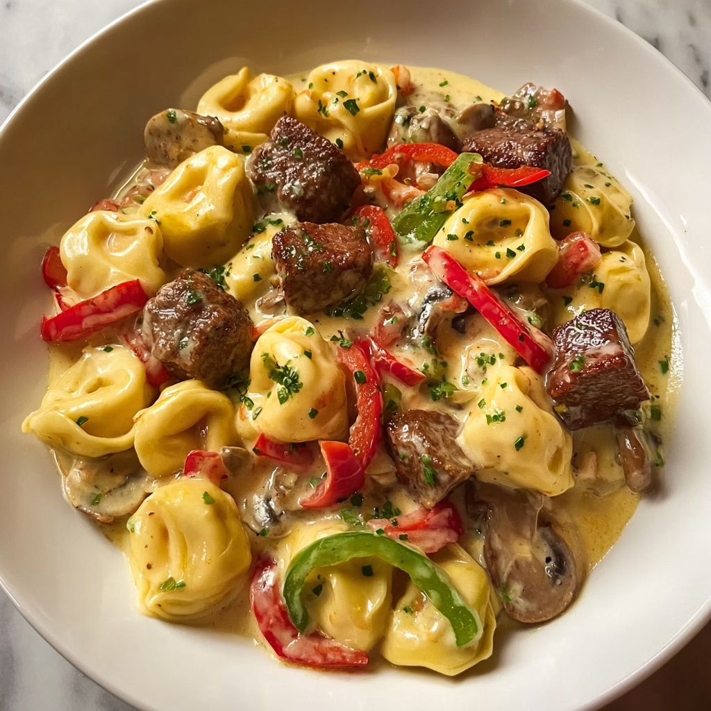 Savory Cheesesteak Tortellini in Creamy Provolone Sauce Recipe - Recipe Image