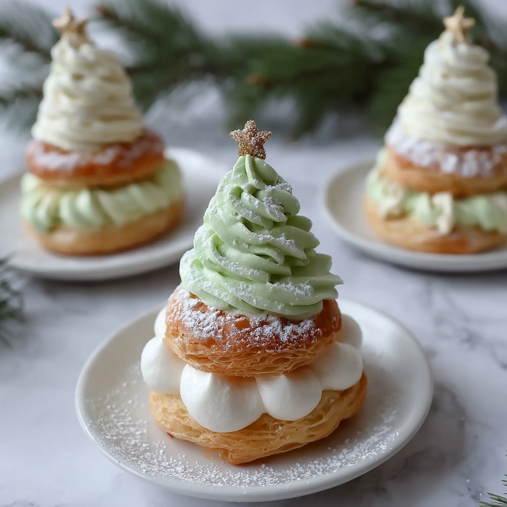 Delicious Christmas Tree Cream Puffs with Pistachio Whipped Cream and Shortbread Stars Recipe - Recipe Image