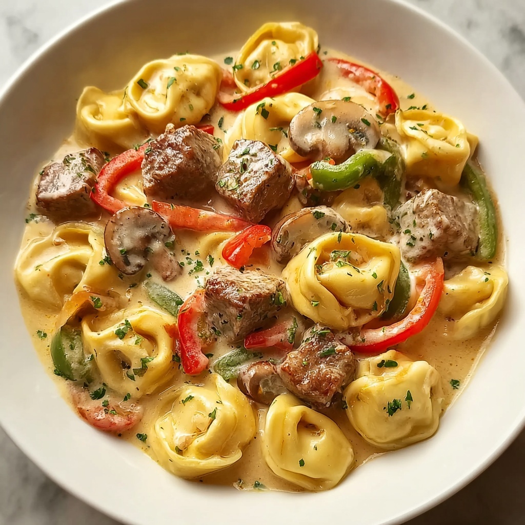 Savory Cheesesteak Tortellini in Creamy Provolone Sauce Recipe - Recipe Image